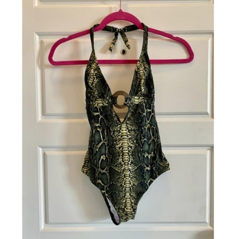 Vintage Applauzi One piece snakeskin print swimsuit with wood ring detail Small